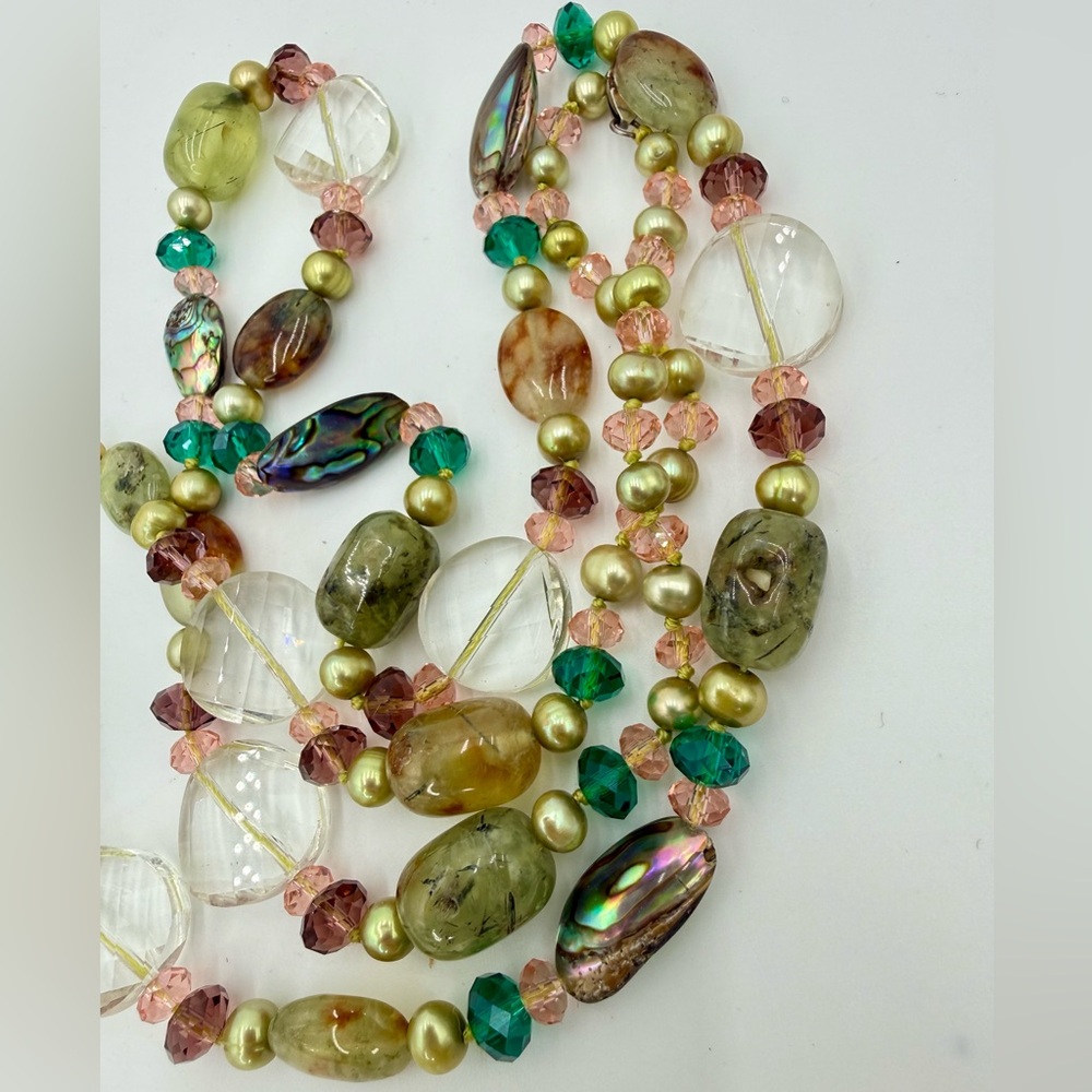 One Of A Kind Artisan Abalone Moss Agate Quartz Pearl 40” Necklace 925 Gemstone - Picture 14 of 17